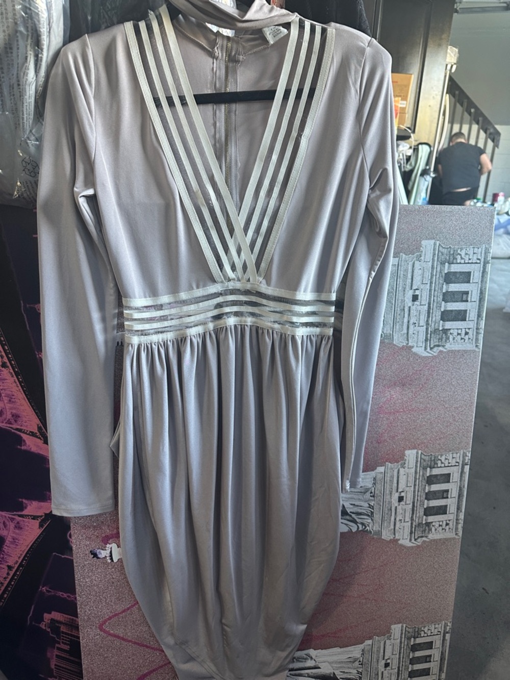 Long-Sleeve Silver V-Neck Pleated Waist Dress